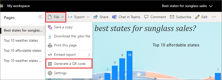 Screenshot of a report, highlighting File and Generate a QR code.
