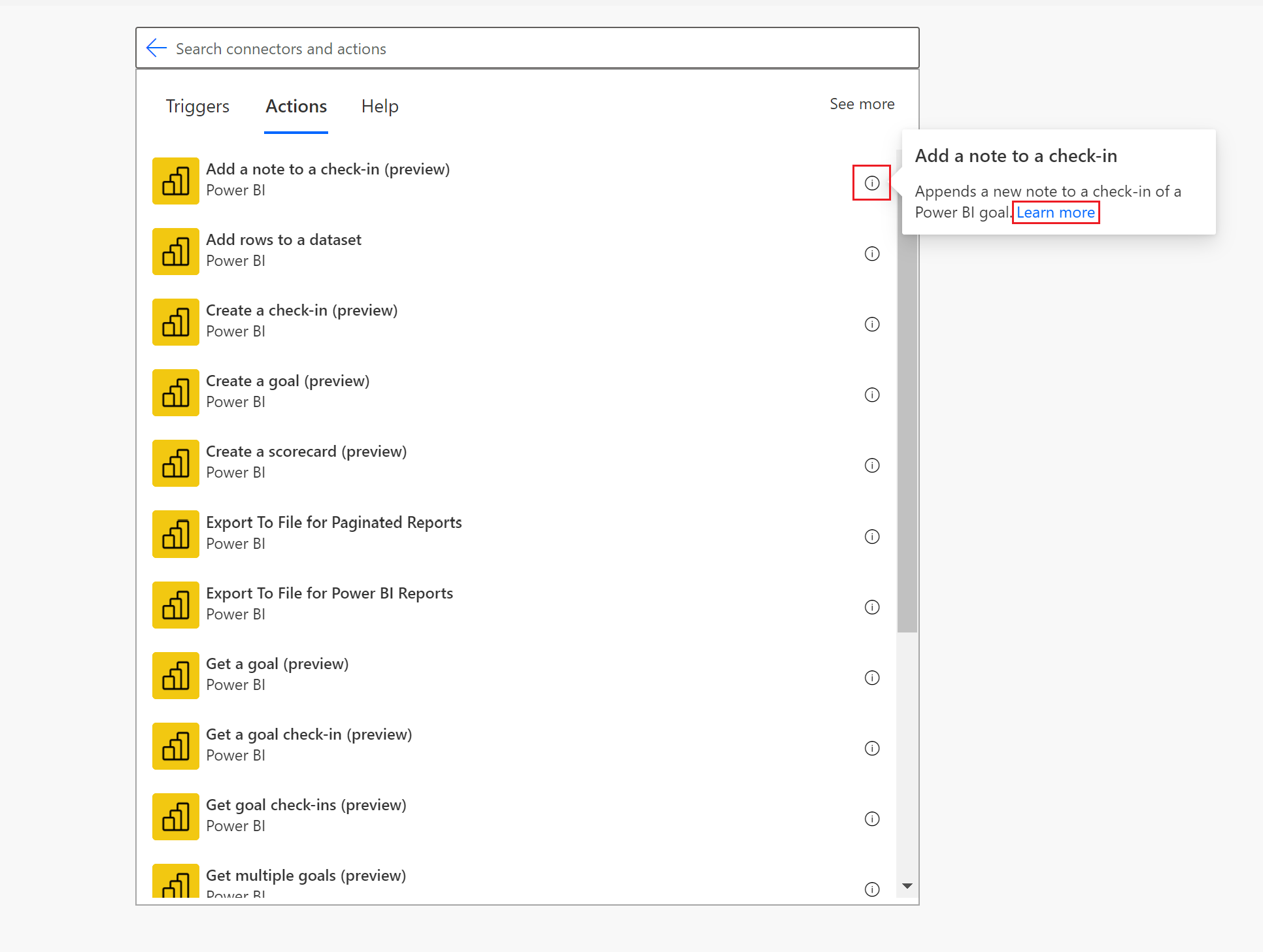 Screenshot of Information icon highlighted next to each action and trigger.