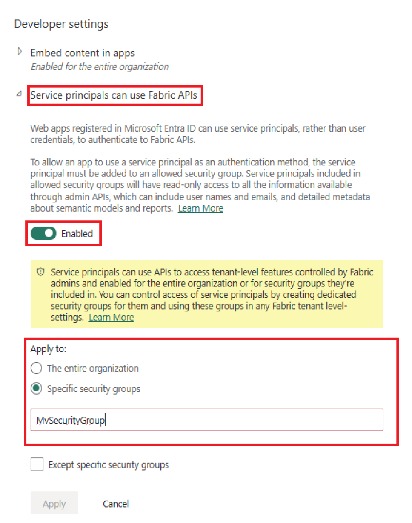 Screenshot of the Developer settings section. The option for allowing service principals to use Power BI APIs is turned on for one security group.