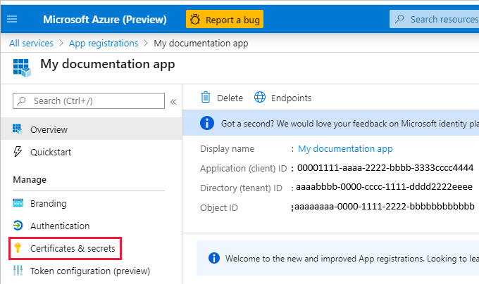 Screenshot of the Azure portal window, which shows the certificates and secrets pane for an app.