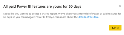 Screenshot of Power BI service showing Power BI trial dialog.