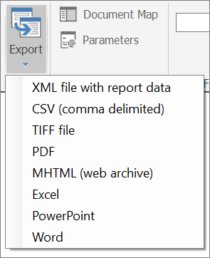 Power BI Report Builder Export. Screenshot of the Power BI Report Builder Export options.