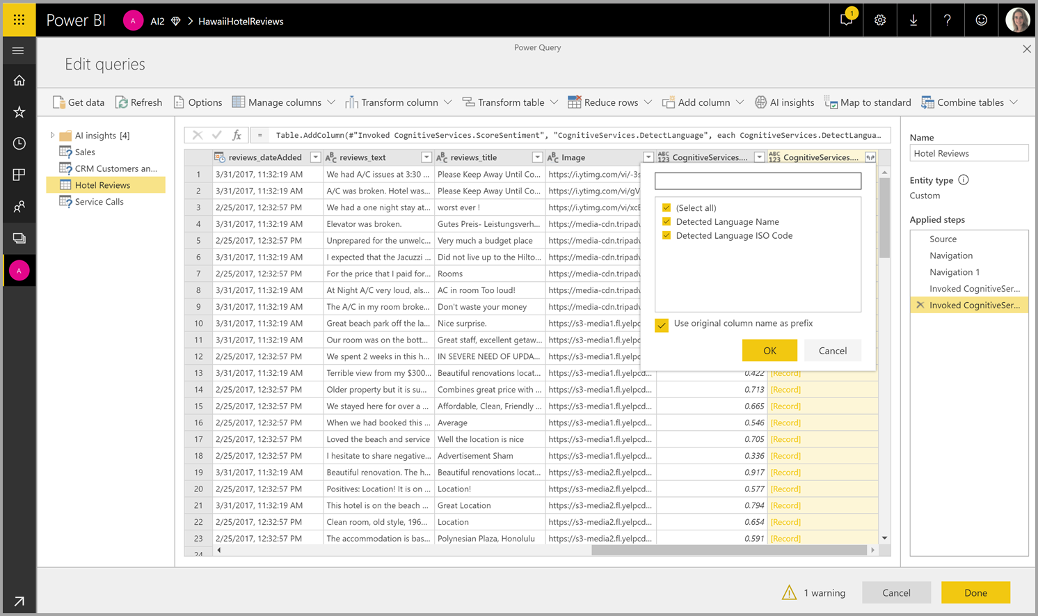 Screenshot of the expand column option selected at the top of a column in Power Query.