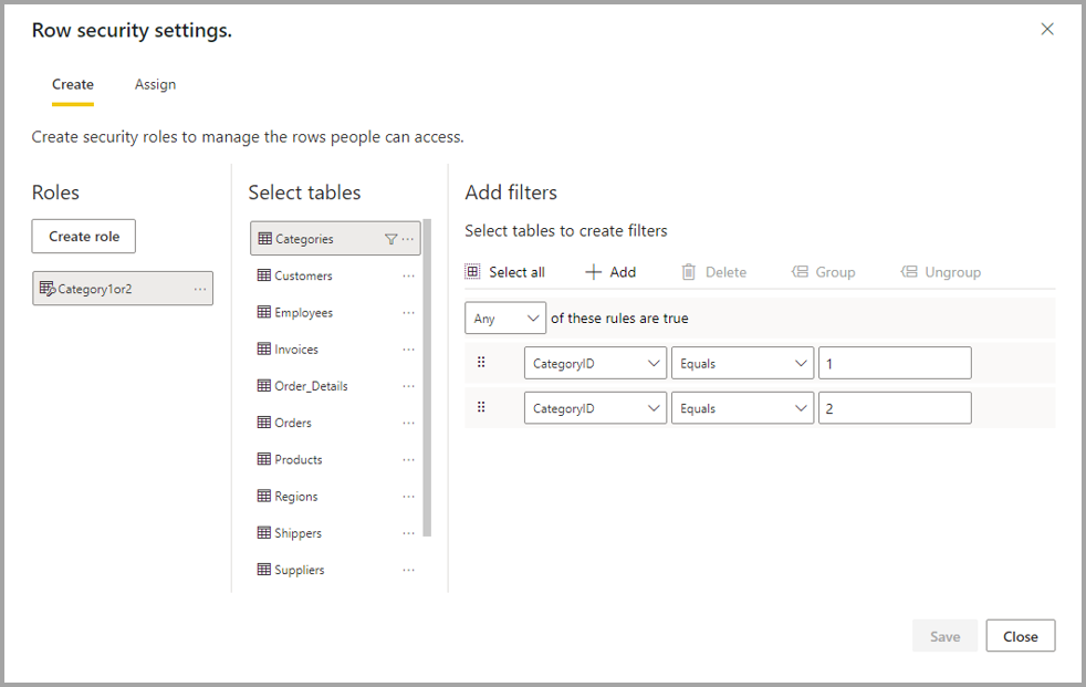 Screenshot of the row security settings window.