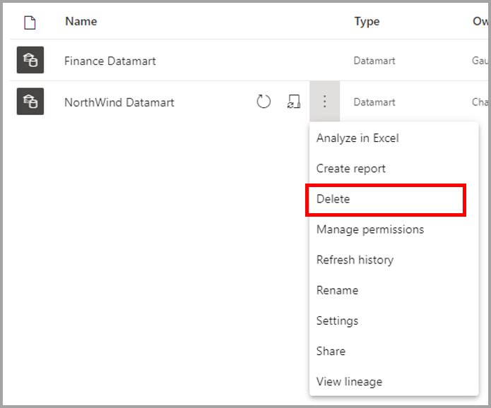 Screenshot of deleting a datamart from the workspace.