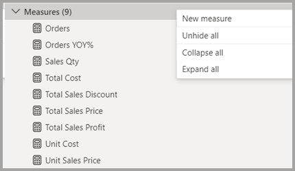 Screenshot of the measures area in Model explorer.