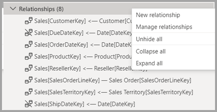 Screenshot of the relationships area in Model explorer.