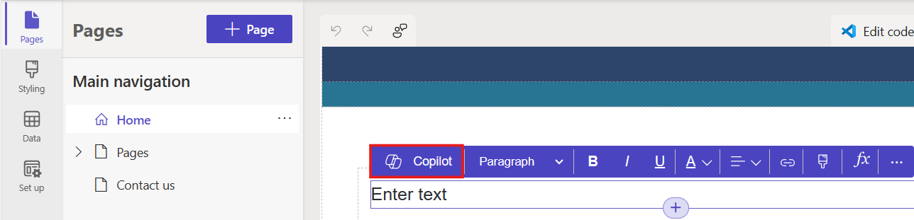 Tangkapan skrin komponen teks dalam Power Pages, dengan ikon Copilot diserlahkan.