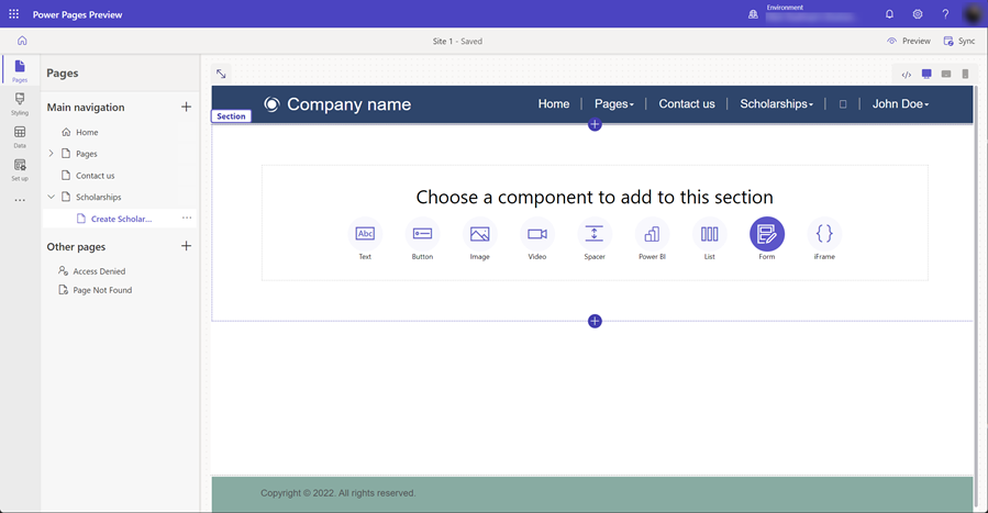 Add a form component to a page.