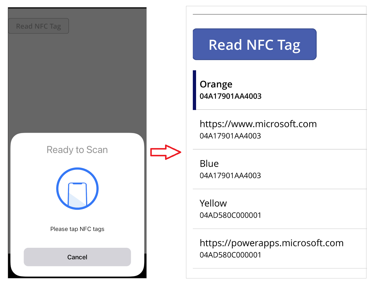 Aplikasi pada peranti mudah alih dengan contoh bacaan Tag NFC dan hasil di dalam galeri.