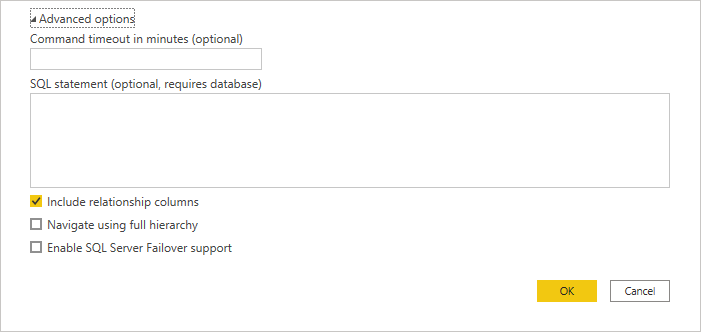 Display of advanced options available in Power Query.