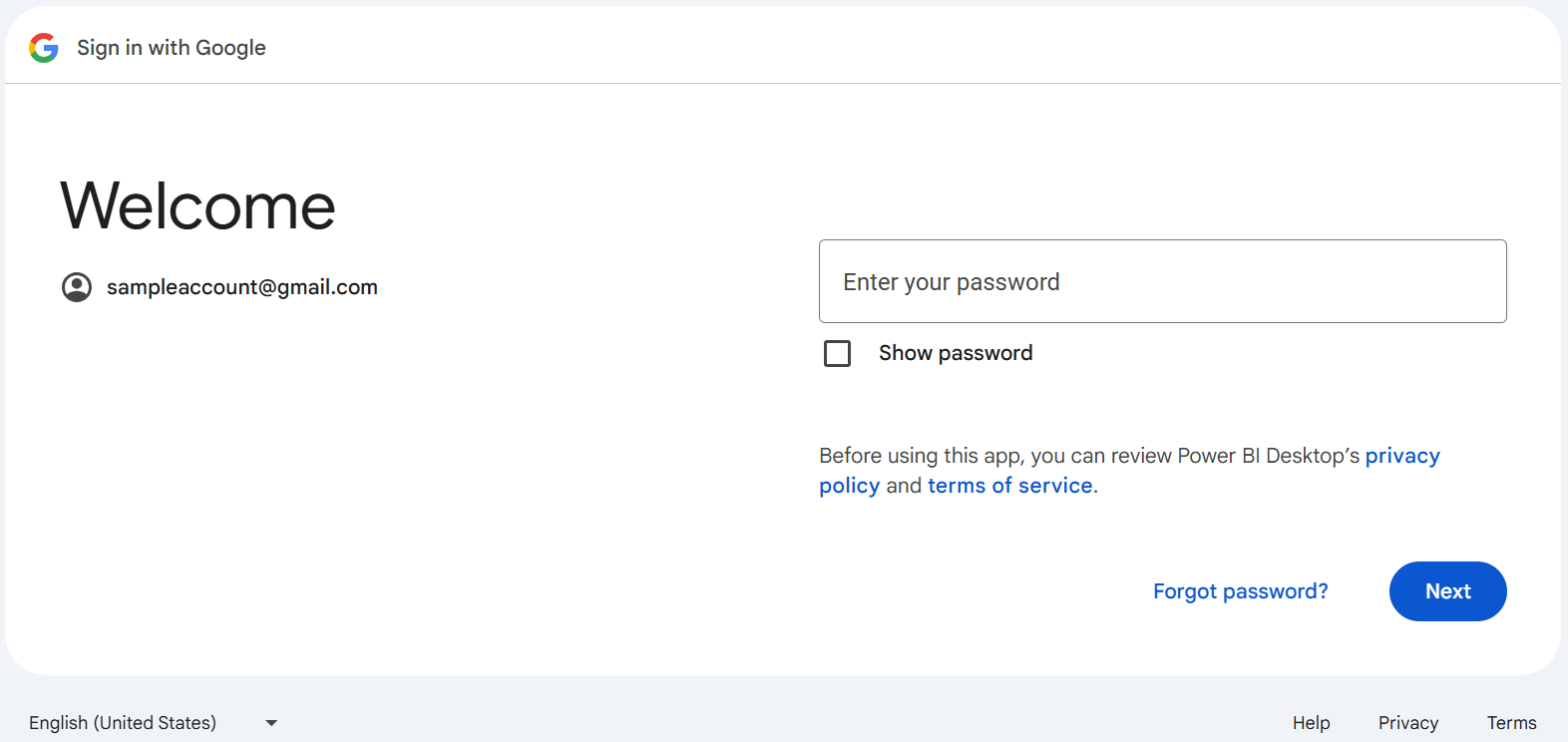 Screenshot of the sign in dialog where you enter your password.