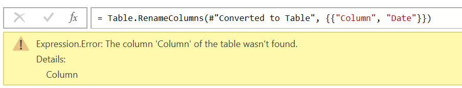 Screenshot of a Step-level error where a column wasn't found.