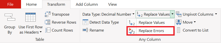 Screenshot of the replace errors button on the Transform tab.