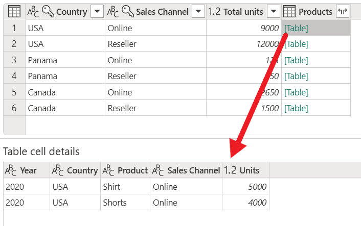 Screenshot of the table details preview pane.