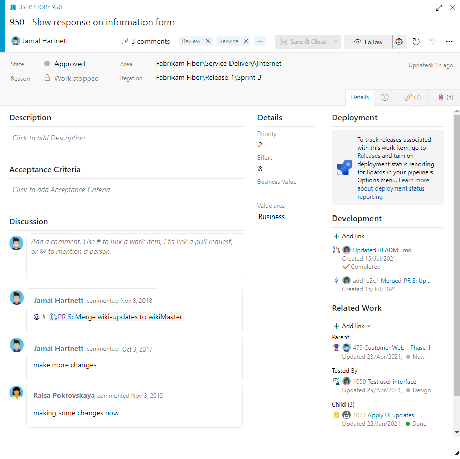 Screenshot of Azure Boards Work Item Form, User Story