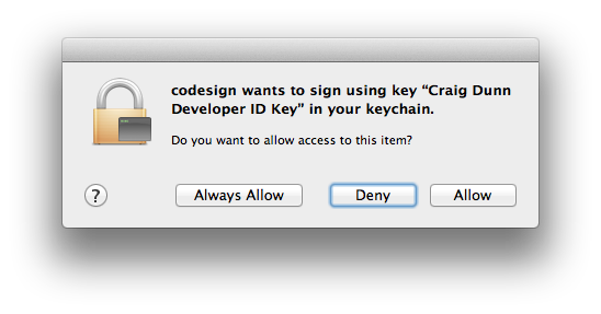 Screenshot shows Allow access dialog box for codesign.