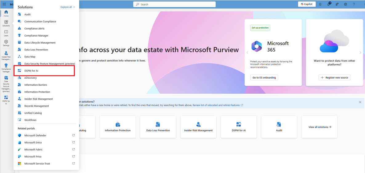 Selecting the Microsoft Purview Data Security Posture Management for AI solution from the Microsoft Purview portal.