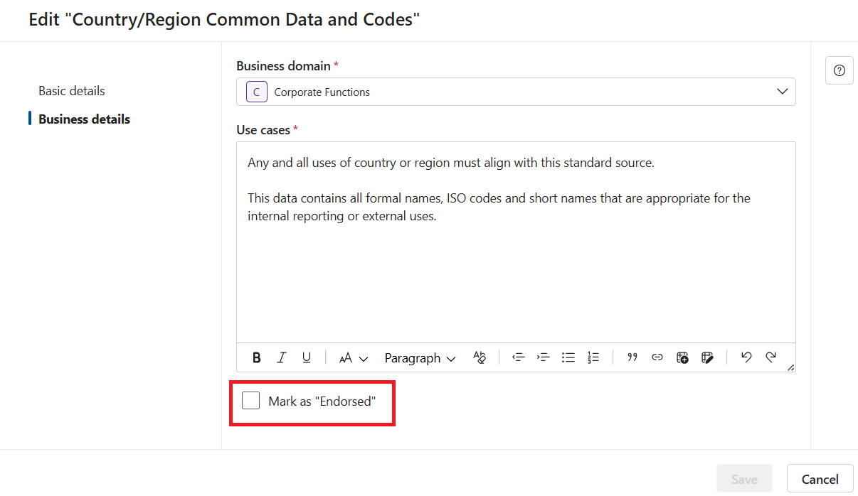 Screenshot of the edit page for a business domain under the business details tab with the mark as endorsed button highlighted.