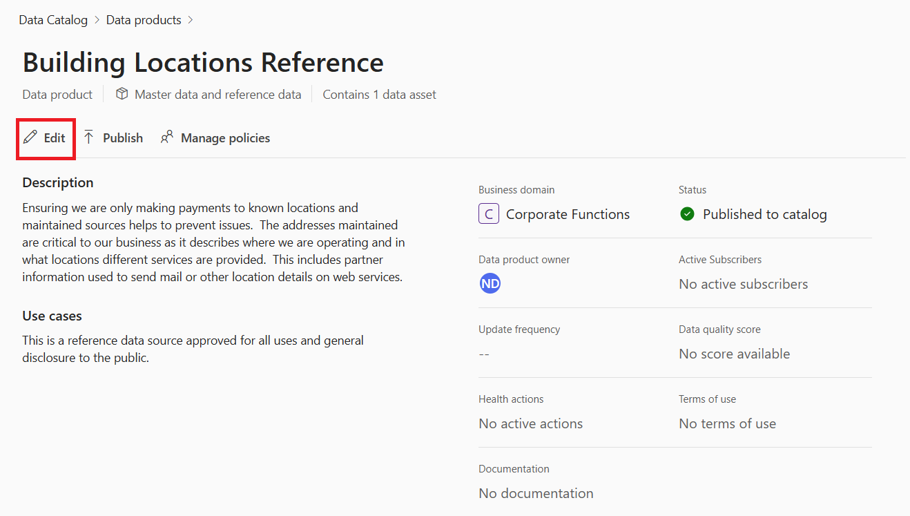 Screenshot of a data product detail page with the edit button highlighted.