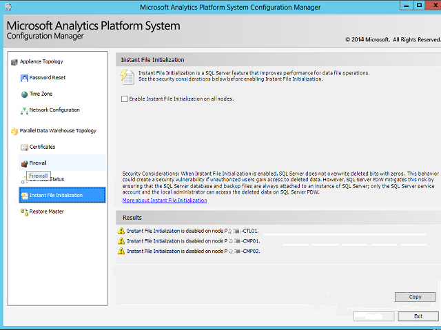 DWConfig Appliance PDW Instant File Initialization