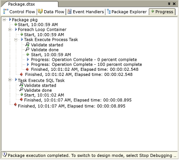 Progress tab of SSIS Designer Progress tab of SSIS Designer