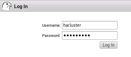 Screenshot of the Pacemaker web UI login page with the hacluster username entered.