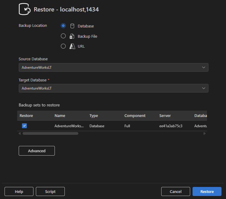 Screenshot of the Restore dialog with Database option selected.