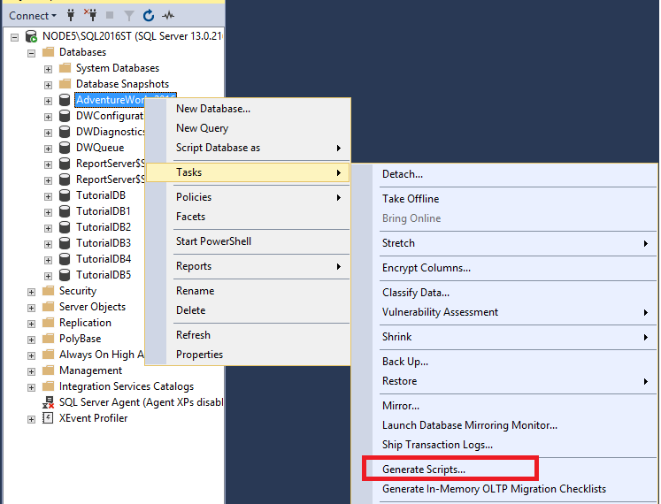 Screenshot of Generate scripts for databases.