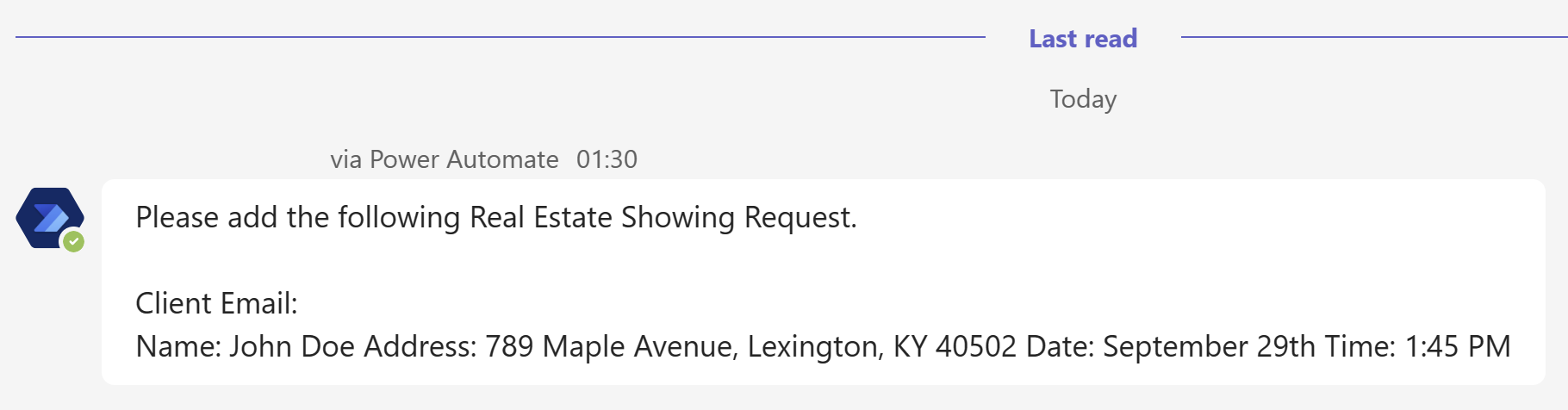 Screenshot of the Teams message confirming the extracted date.