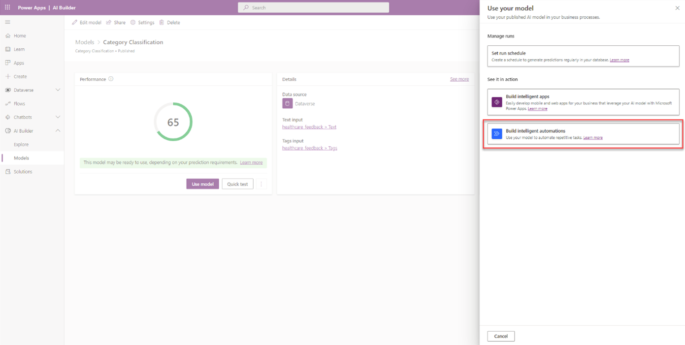 Screenshot of the Category Classification model, showing a right pane with options to use the model and a highlight on the Build intelligent automations option.