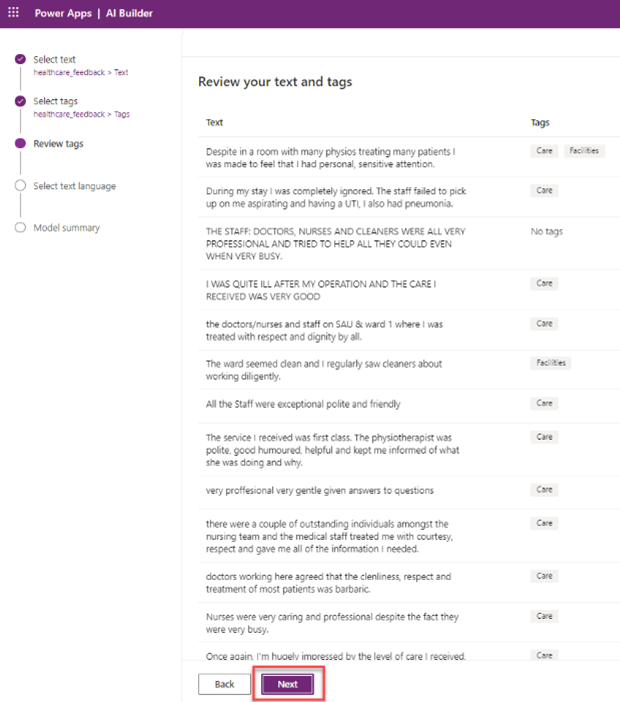 Screenshot of the Category Classification model in Power Apps Studio, showing a list of records with the text and tags with a highlight on Next.