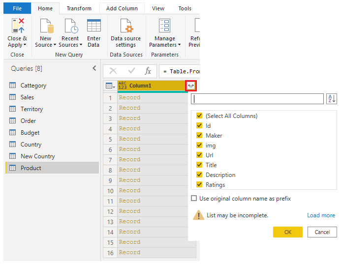 Screenshot of the Expand records function.