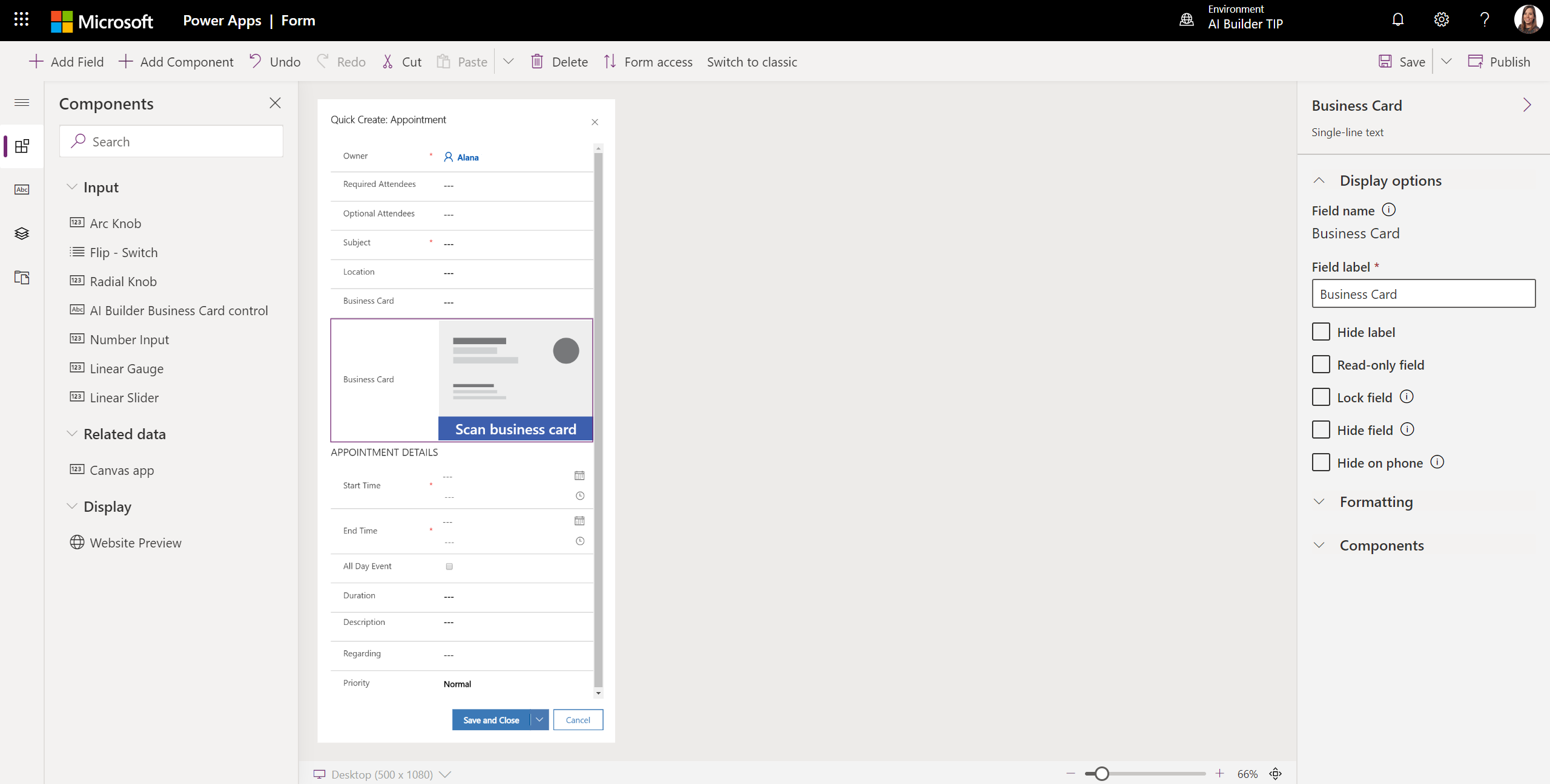 Screenshot of Quick Create Appointment form with the Scan business card component highlighted.