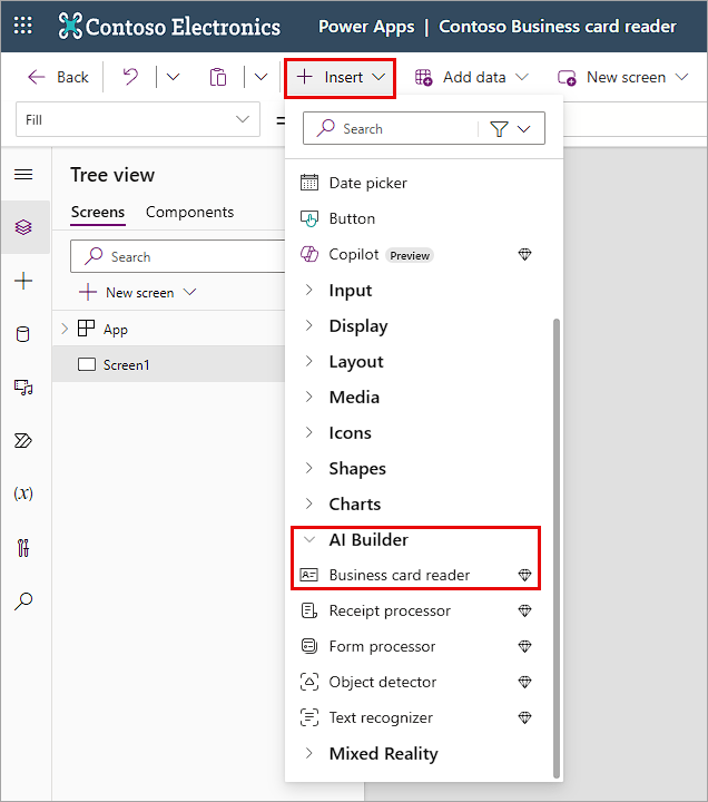 The A I Builder menu is expanded to reveal Business card reader, Form processor, Object detector, and Text recognizer options.