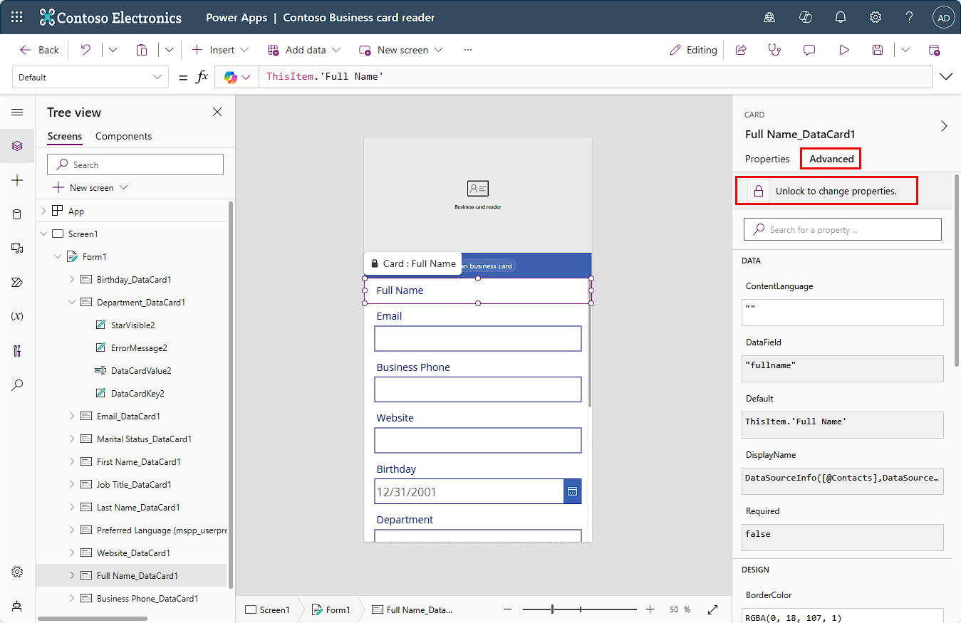 Screenshot of the Advanced tab, with Unlock to change properties circled.