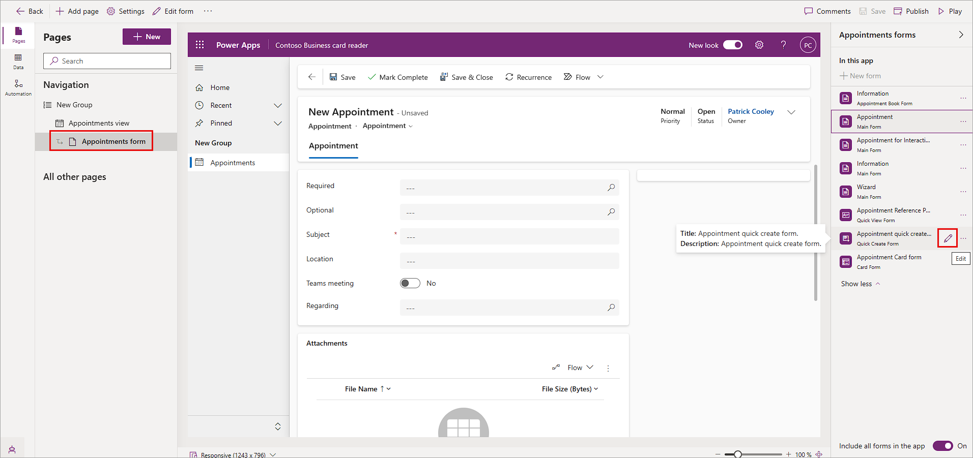 Screenshot of Power Apps App Designer with the Contoso Business card reader in design view.