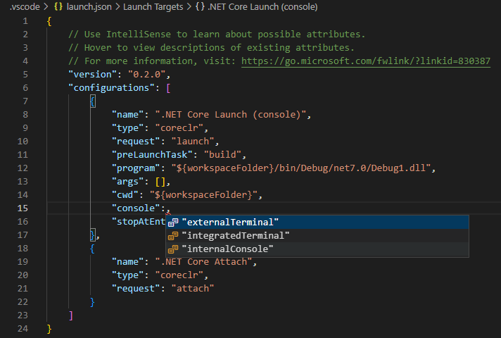 Screenshot showing the console attribute options for a launch configuration.