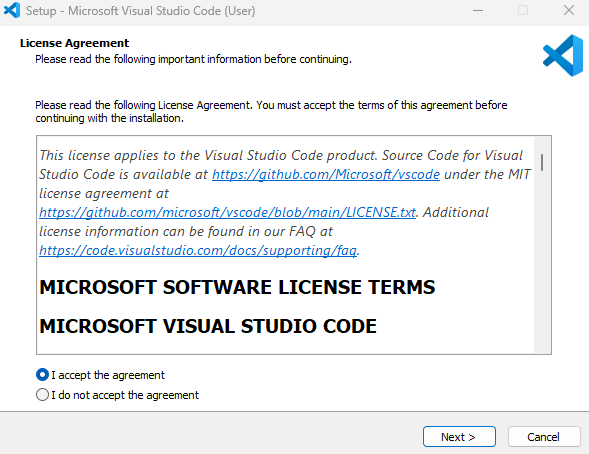 Screenshot showing Visual Studio Code installer.