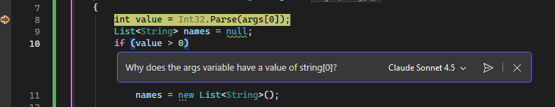 Screenshot of inline Copilot Chat.