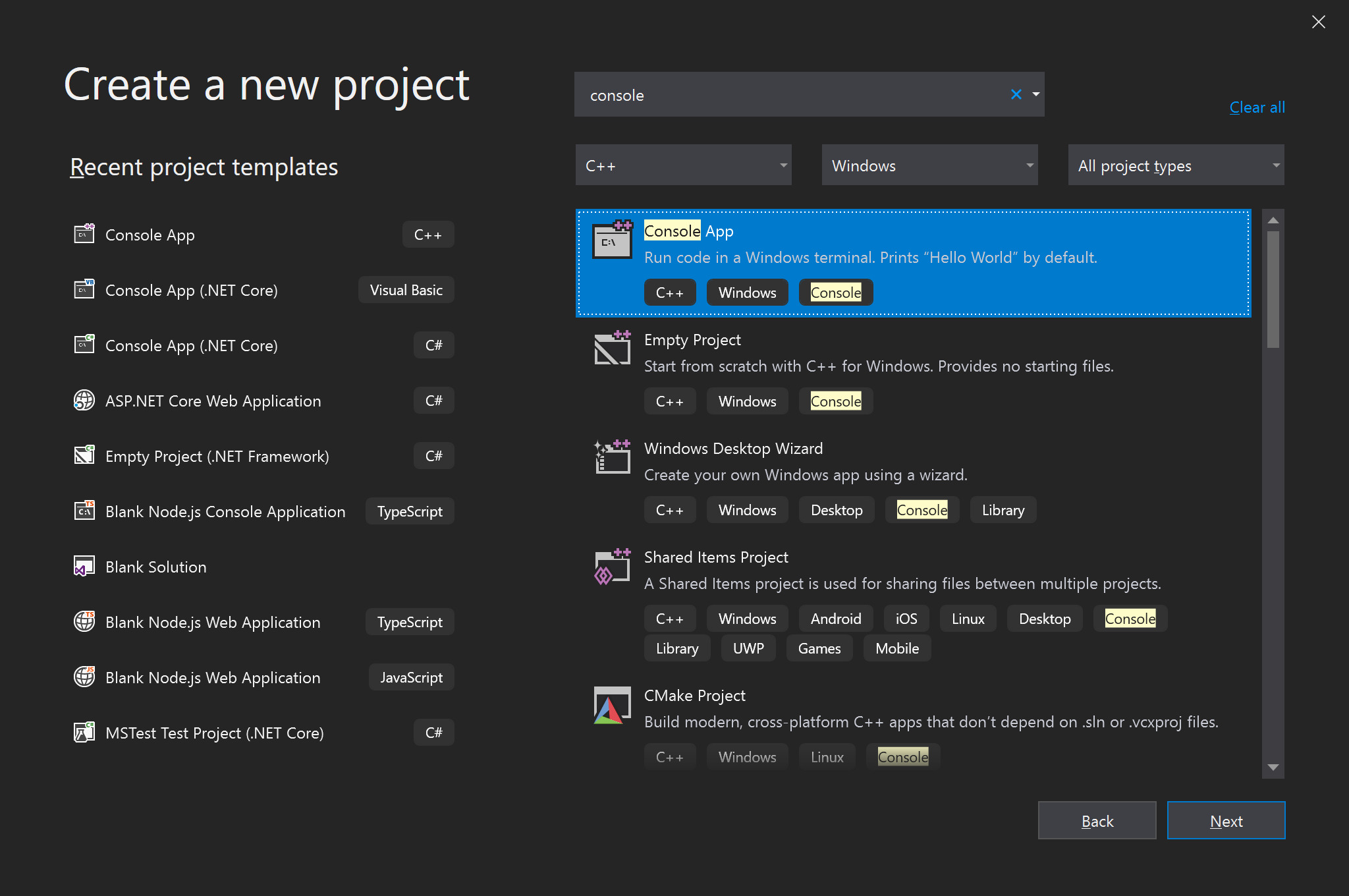 Screenshot of choosing the C++ template for the Console App.