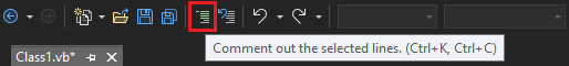 Screenshot showing the toolbar with the button for commenting out code highlighted in red.