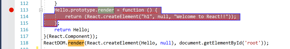 Screenshot of the Visual Studio code window. A return statement is selected and a red dot in the left gutter indicates that a breakpoint is set.