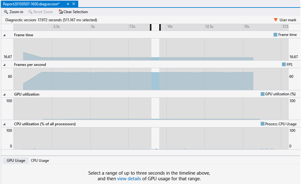 Screenshot of the diagnostics session window, with range selected