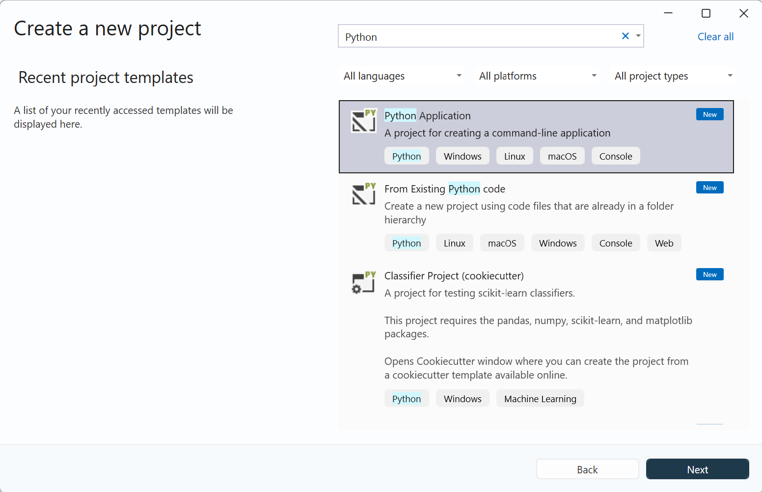 Screenshot showing the Create a new project dialog in Visual Studio. Python project templates are visible.