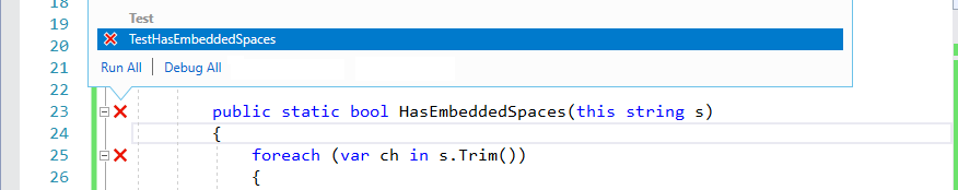 Live Unit Testing options for a failed test