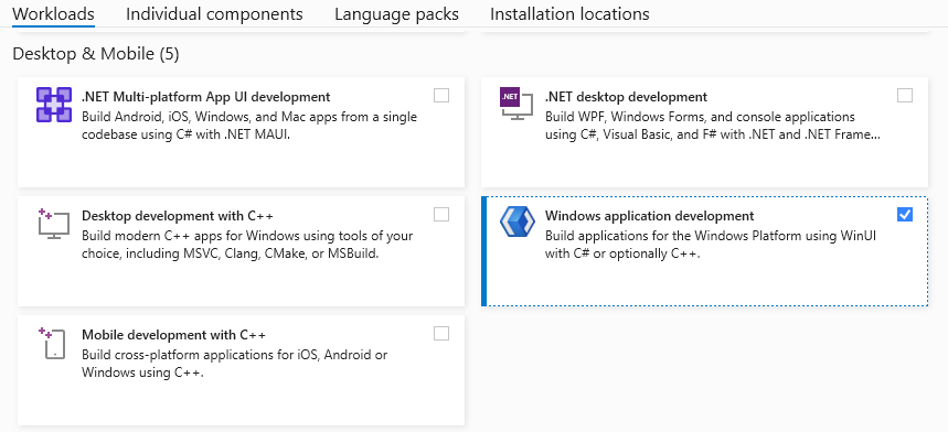 A screenshot of the Visual Studio installer UI with the WinUI application development workload selected.