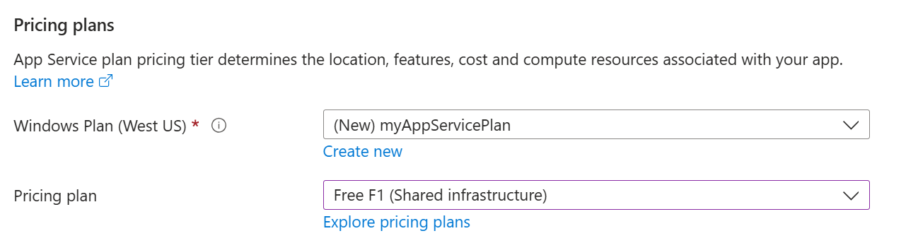Screenshot of the App Service Plan section.