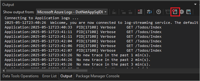 Screenshot that shows Stop log streaming.