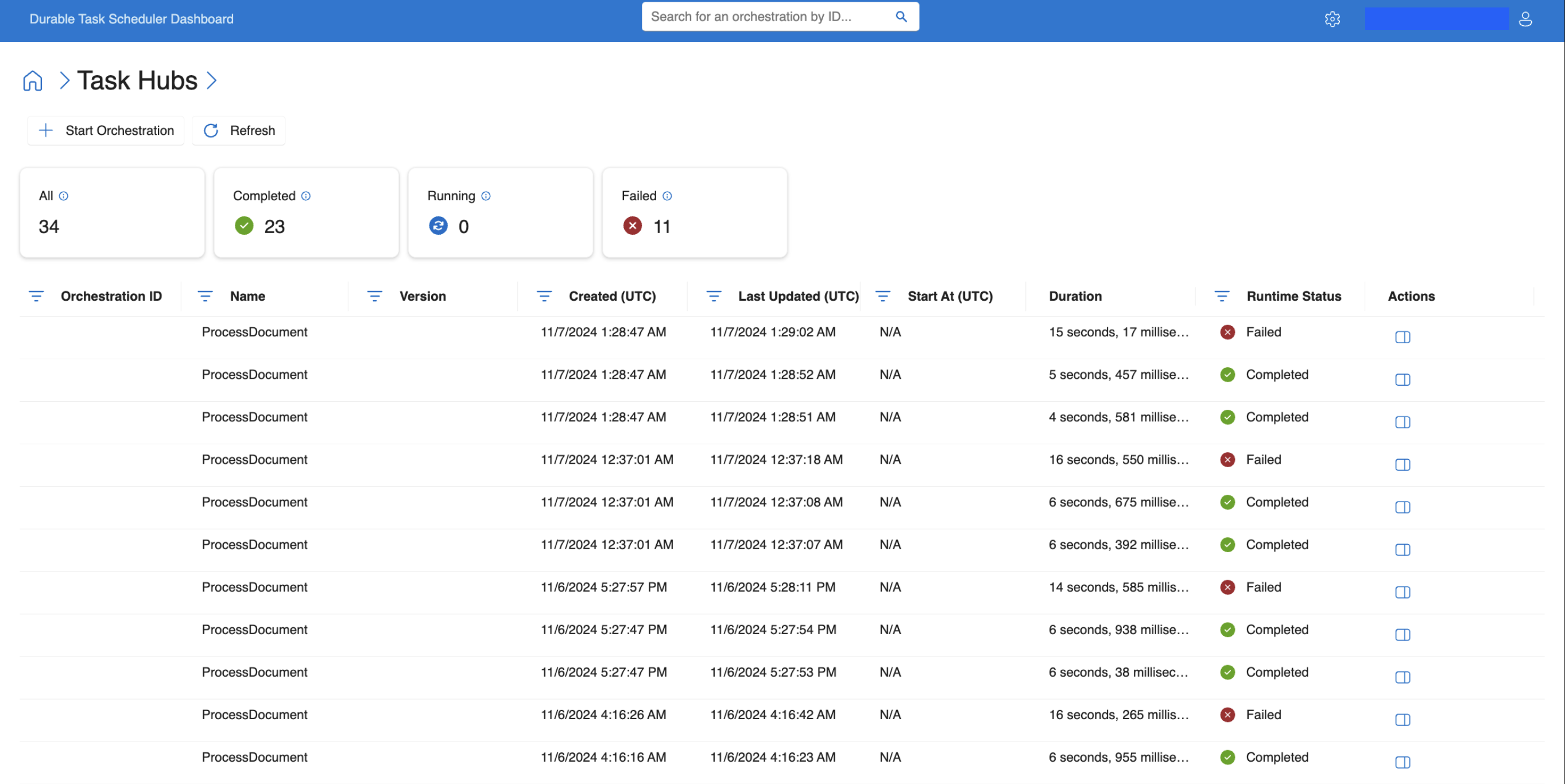 Screenshot of the dashboard listing orchestration history and status with filter options.